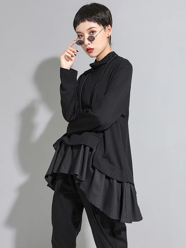 High-Low A-Line Falbala Split-Joint Split-Back High-Neck T-Shirts Tops - Image 3