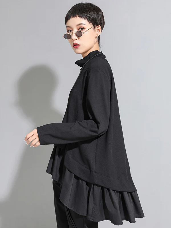 High-Low A-Line Falbala Split-Joint Split-Back High-Neck T-Shirts Tops - Image 4