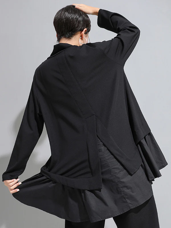 High-Low A-Line Falbala Split-Joint Split-Back High-Neck T-Shirts Tops - Image 5