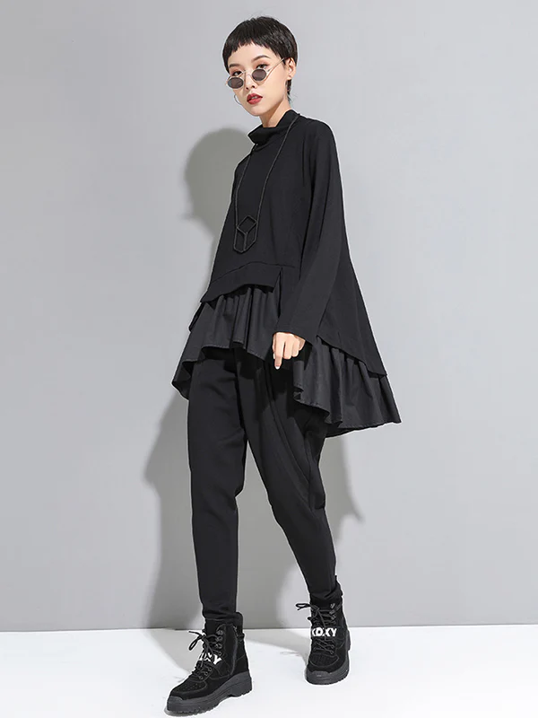 High-Low A-Line Falbala Split-Joint Split-Back High-Neck T-Shirts Tops - Image 6