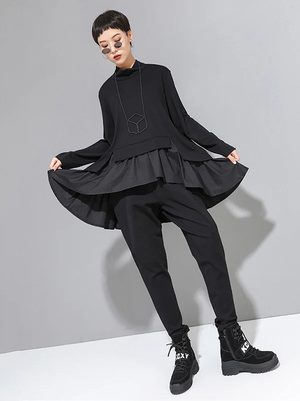 High-Low A-Line Falbala Split-Joint Split-Back High-Neck T-Shirts Tops - Image 7