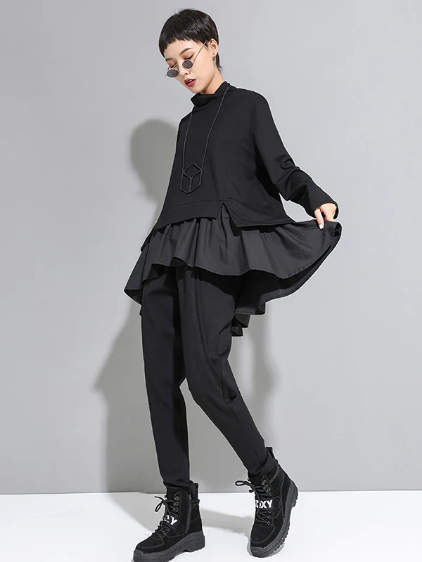 High-Low A-Line Falbala Split-Joint Split-Back High-Neck T-Shirts Tops - Image 9