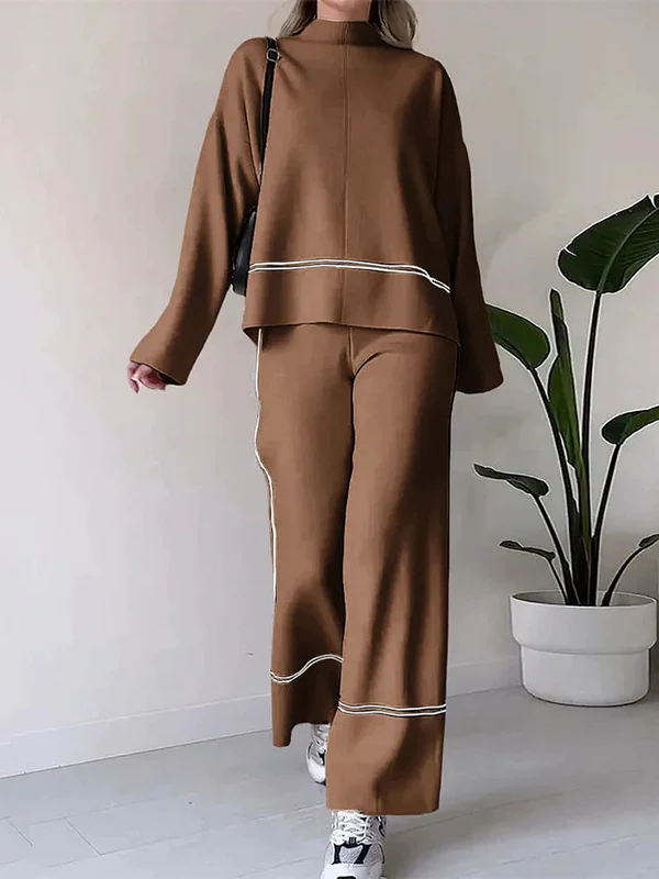 High-Low Contrast Color Split-Side Round-Neck Sweater Top + High Waisted Pants Bottom Two Pieces Set - Image 2