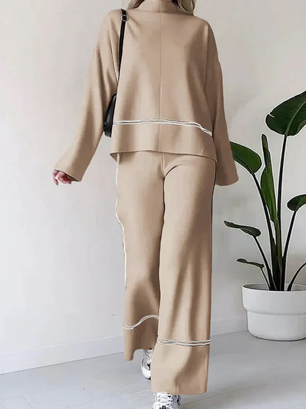 High-Low Contrast Color Split-Side Round-Neck Sweater Top + High Waisted Pants Bottom Two Pieces Set - Image 3