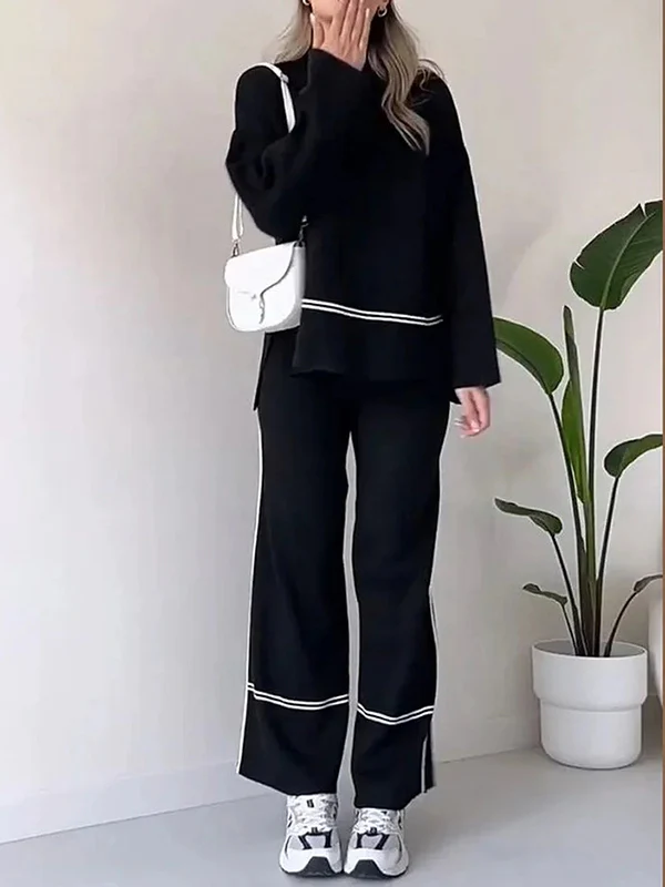 High-Low Contrast Color Split-Side Round-Neck Sweater Top + High Waisted Pants Bottom Two Pieces Set - Image 4