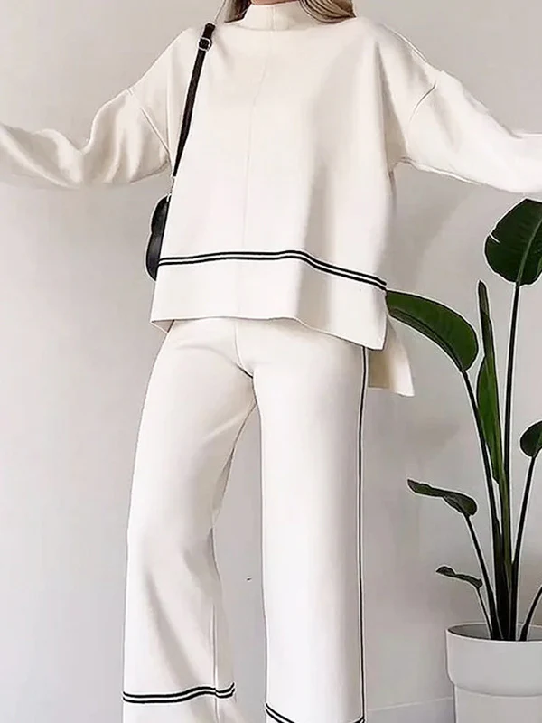 High-Low Contrast Color Split-Side Round-Neck Sweater Top + High Waisted Pants Bottom Two Pieces Set - Image 5