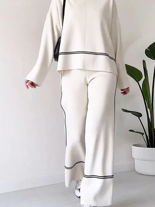 High-Low Contrast Color Split-Side Round-Neck Sweater Top + High Waisted Pants Bottom Two Pieces Set - Image 6
