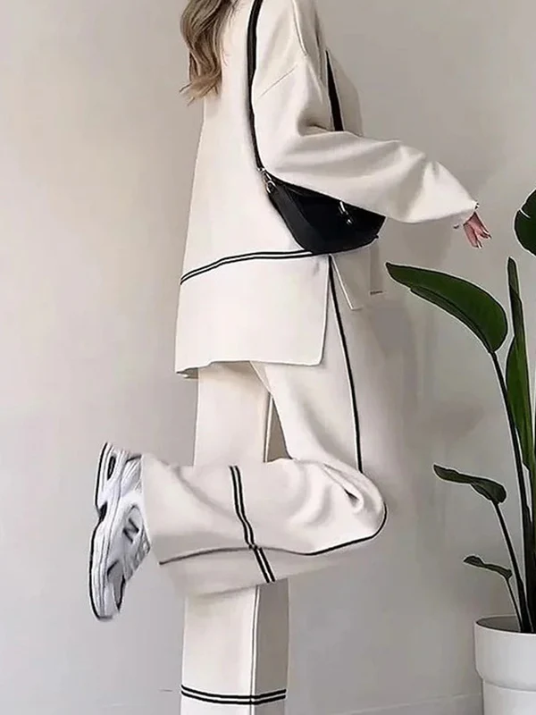 High-Low Contrast Color Split-Side Round-Neck Sweater Top + High Waisted Pants Bottom Two Pieces Set - Image 7