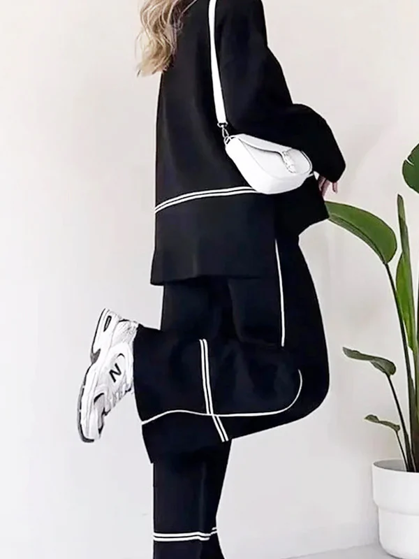High-Low Contrast Color Split-Side Round-Neck Sweater Top + High Waisted Pants Bottom Two Pieces Set - Image 8