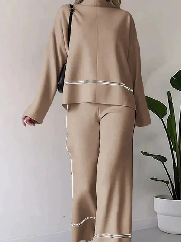 High-Low Contrast Color Split-Side Round-Neck Sweater Top + High Waisted Pants Bottom Two Pieces Set - Image 9