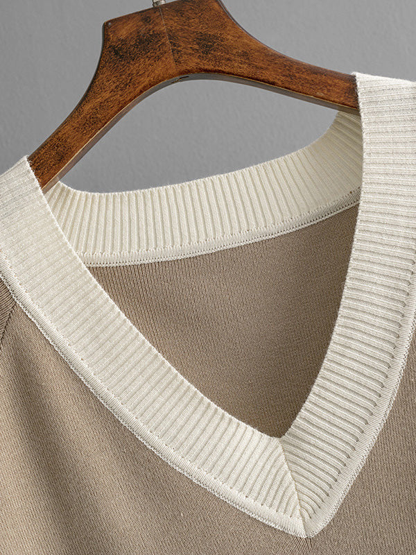 High-Low Contrast Color Split-Side V-Neck Sweater Tops + Elasticity Pants Trousers Two Pieces Set - Image 10