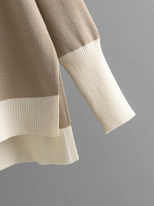 High-Low Contrast Color Split-Side V-Neck Sweater Tops + Elasticity Pants Trousers Two Pieces Set - Image 11