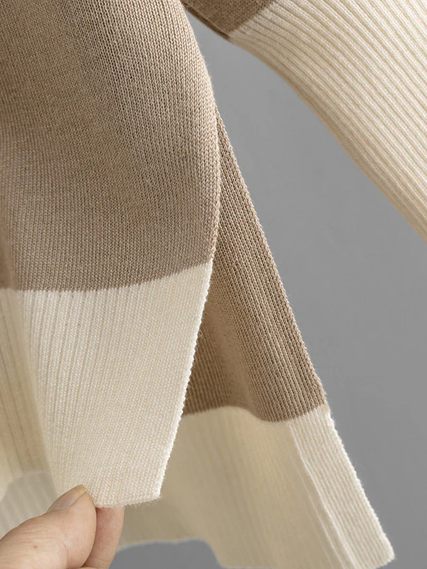 High-Low Contrast Color Split-Side V-Neck Sweater Tops + Elasticity Pants Trousers Two Pieces Set - Image 12