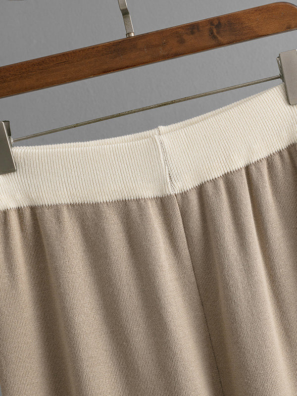 High-Low Contrast Color Split-Side V-Neck Sweater Tops + Elasticity Pants Trousers Two Pieces Set - Image 14