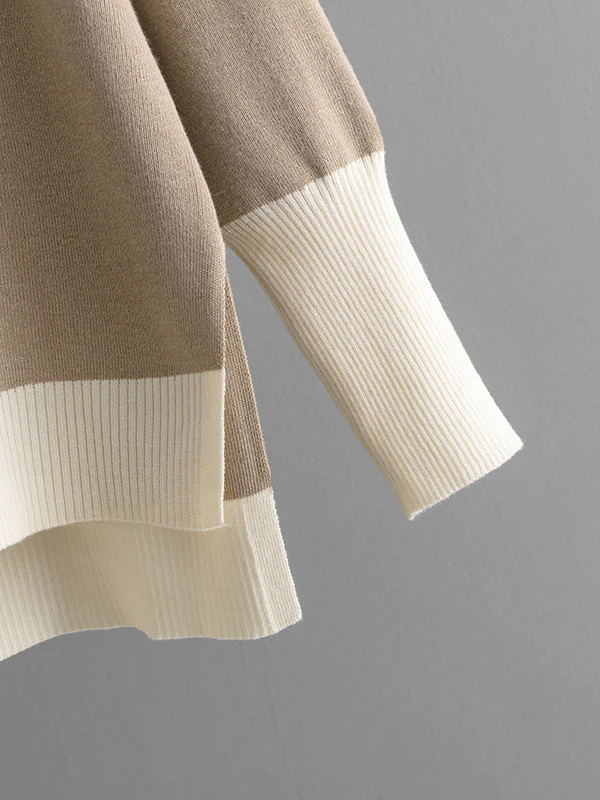 High-Low Contrast Color Split-Side V-Neck Sweater Tops + Elasticity Pants Trousers Two Pieces Set - Image 15