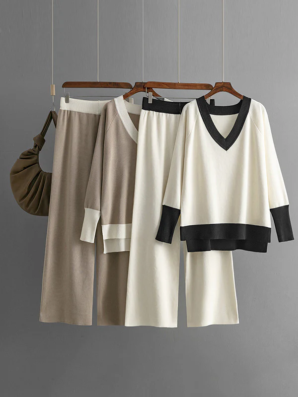 High-Low Contrast Color Split-Side V-Neck Sweater Tops + Elasticity Pants Trousers Two Pieces Set - Image 2