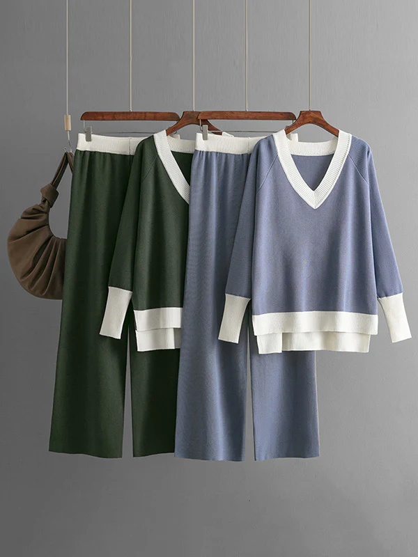 High-Low Contrast Color Split-Side V-Neck Sweater Tops + Elasticity Pants Trousers Two Pieces Set - Image 3