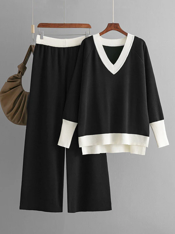 High-Low Contrast Color Split-Side V-Neck Sweater Tops + Elasticity Pants Trousers Two Pieces Set - Image 4