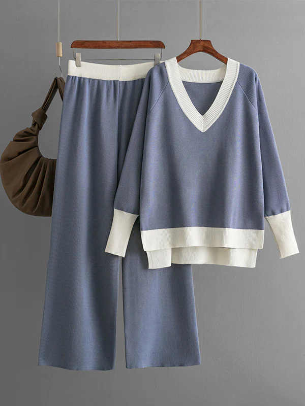 High-Low Contrast Color Split-Side V-Neck Sweater Tops + Elasticity Pants Trousers Two Pieces Set - Image 5