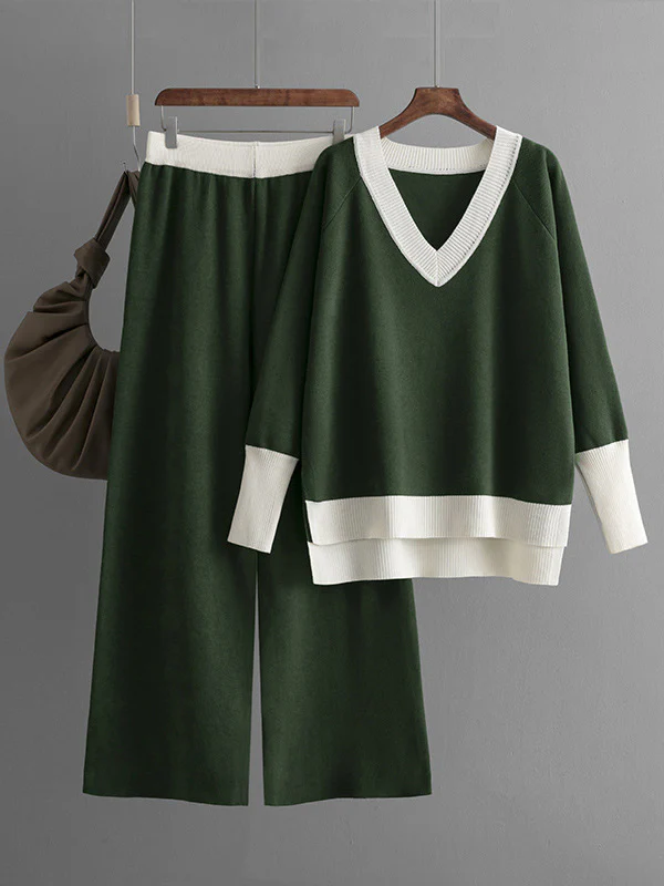 High-Low Contrast Color Split-Side V-Neck Sweater Tops + Elasticity Pants Trousers Two Pieces Set - Image 6