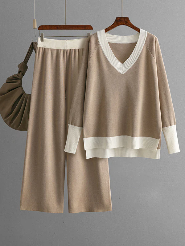 High-Low Contrast Color Split-Side V-Neck Sweater Tops + Elasticity Pants Trousers Two Pieces Set - Image 7