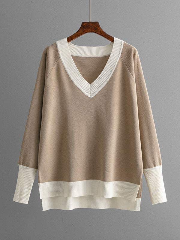 High-Low Contrast Color Split-Side V-Neck Sweater Tops + Elasticity Pants Trousers Two Pieces Set - Image 8
