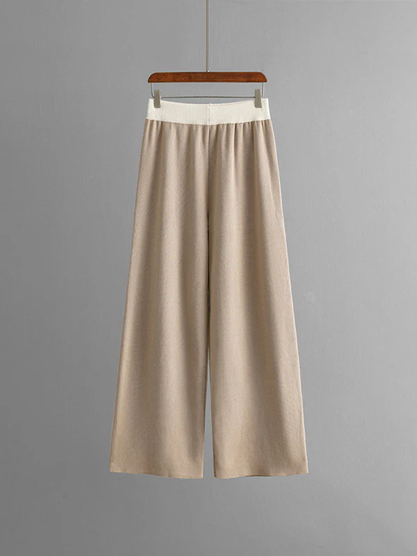 High-Low Contrast Color Split-Side V-Neck Sweater Tops + Elasticity Pants Trousers Two Pieces Set - Image 9