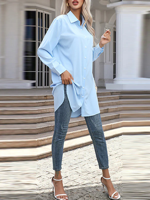 High-Low Irregular Clipping Solid Color Split-Joint Lapel Blouses - Image 2
