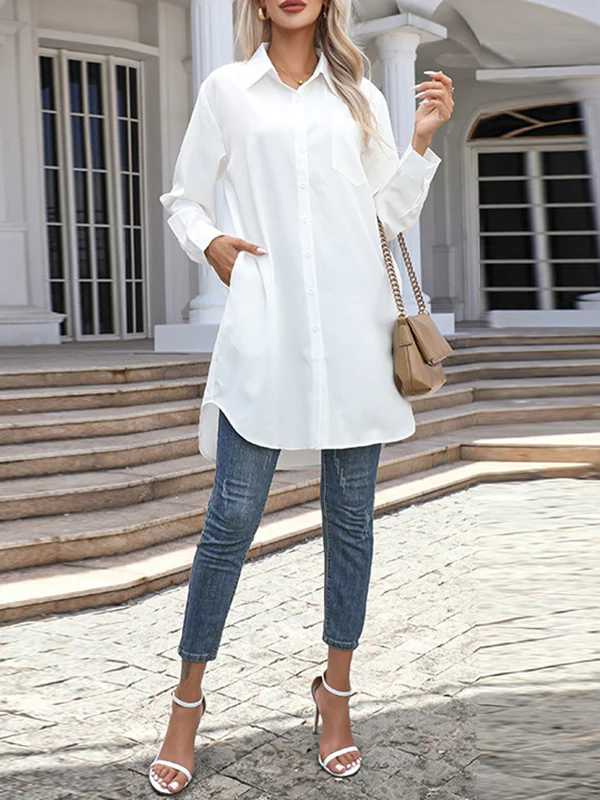 High-Low Irregular Clipping Solid Color Split-Joint Lapel Blouses - Image 4