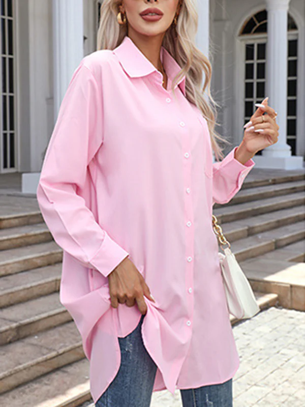 High-Low Irregular Clipping Solid Color Split-Joint Lapel Blouses - Image 6