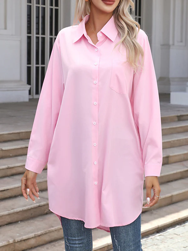 High-Low Irregular Clipping Solid Color Split-Joint Lapel Blouses - Image 8