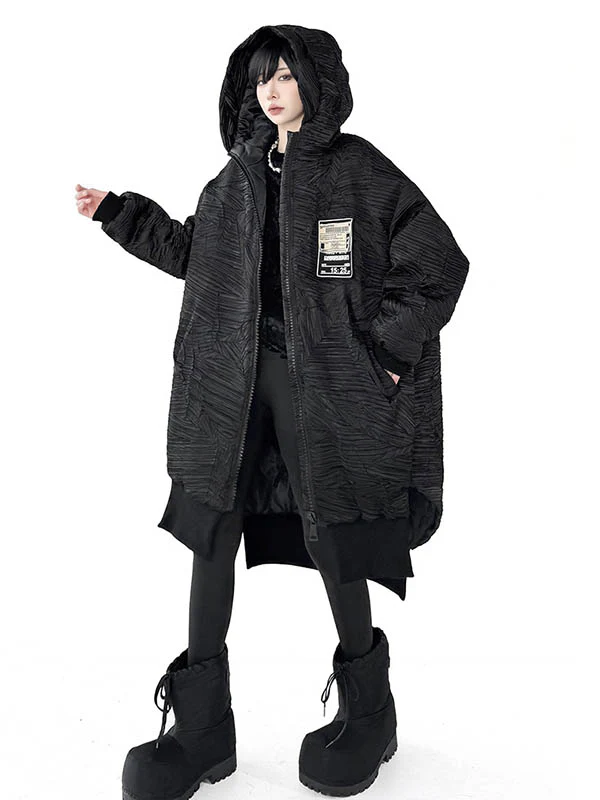 High-Low Irregularity Abstract Printed Contrast Color Split-Joint Zipper Hooded Outerwear Overcoat - Image 10