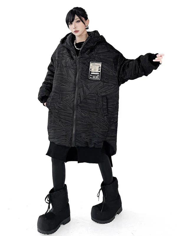 High-Low Irregularity Abstract Printed Contrast Color Split-Joint Zipper Hooded Outerwear Overcoat - Image 11