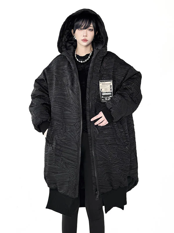 High-Low Irregularity Abstract Printed Contrast Color Split-Joint Zipper Hooded Outerwear Overcoat - Image 12