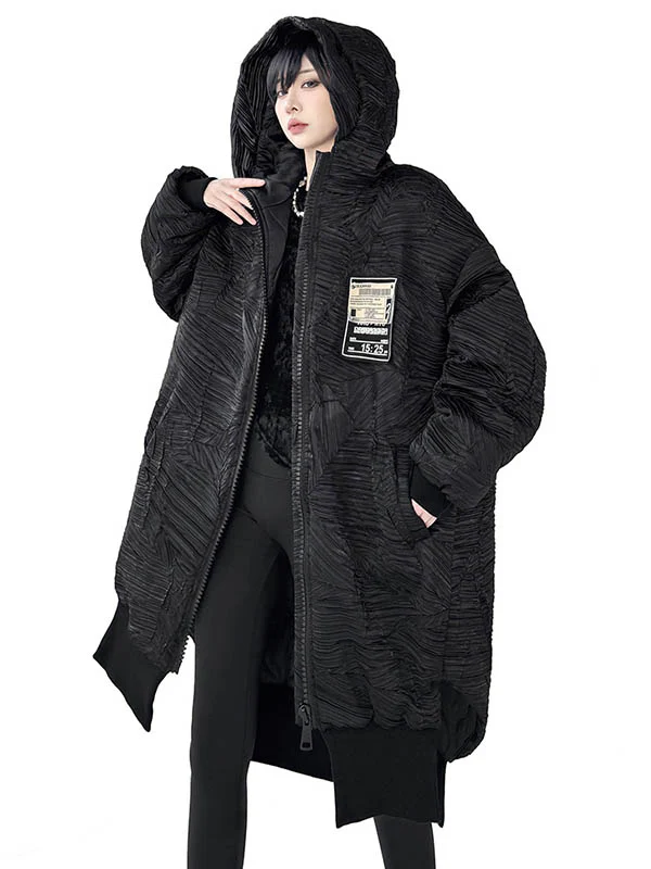 High-Low Irregularity Abstract Printed Contrast Color Split-Joint Zipper Hooded Outerwear Overcoat - Image 13