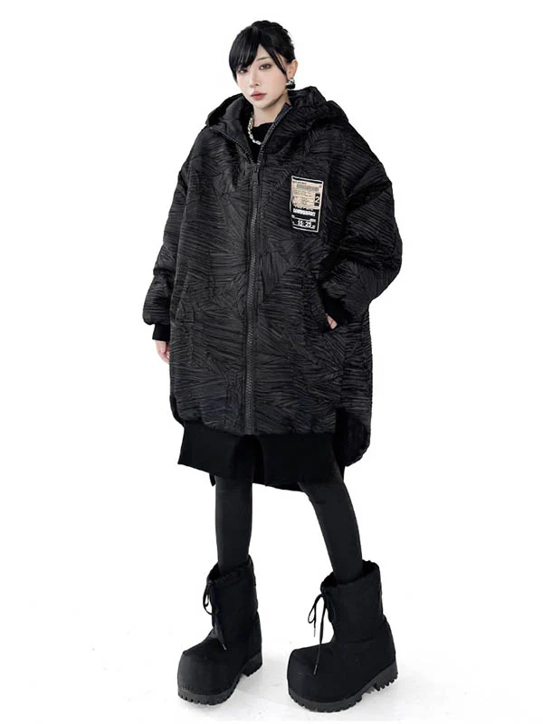 High-Low Irregularity Abstract Printed Contrast Color Split-Joint Zipper Hooded Outerwear Overcoat - Image 14