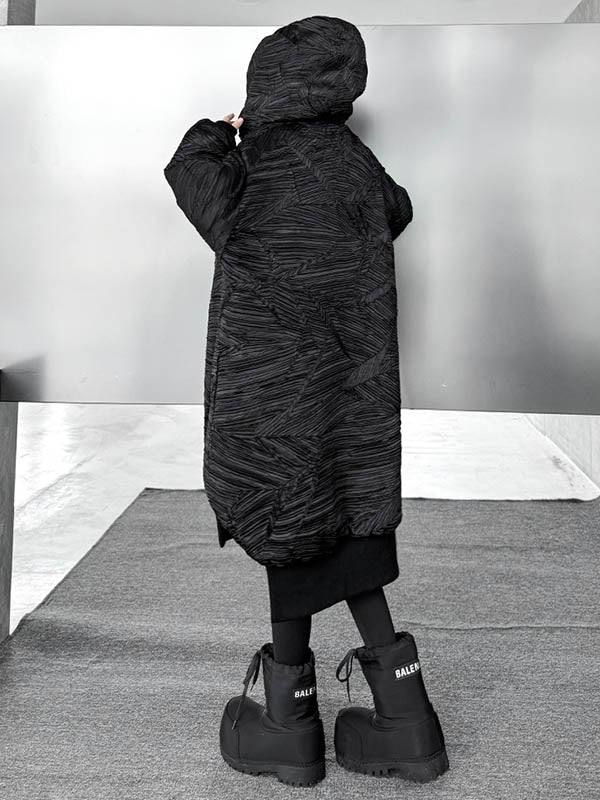 High-Low Irregularity Abstract Printed Contrast Color Split-Joint Zipper Hooded Outerwear Overcoat - Image 15