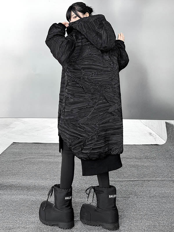 High-Low Irregularity Abstract Printed Contrast Color Split-Joint Zipper Hooded Outerwear Overcoat - Image 16