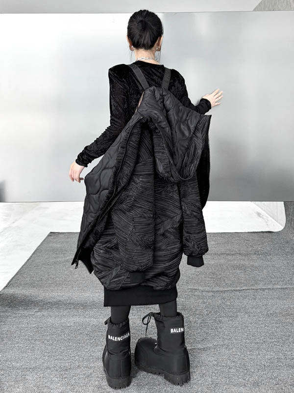 High-Low Irregularity Abstract Printed Contrast Color Split-Joint Zipper Hooded Outerwear Overcoat - Image 17