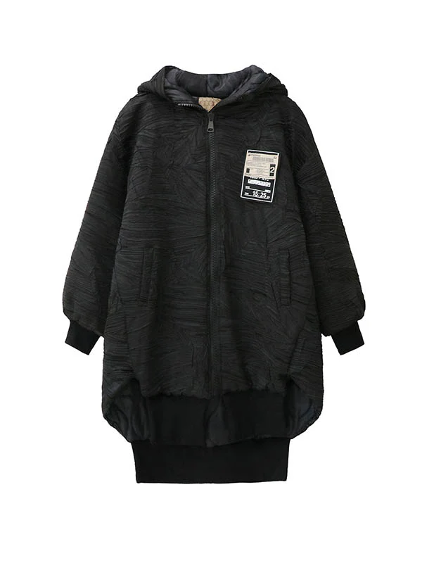 High-Low Irregularity Abstract Printed Contrast Color Split-Joint Zipper Hooded Outerwear Overcoat - Image 18