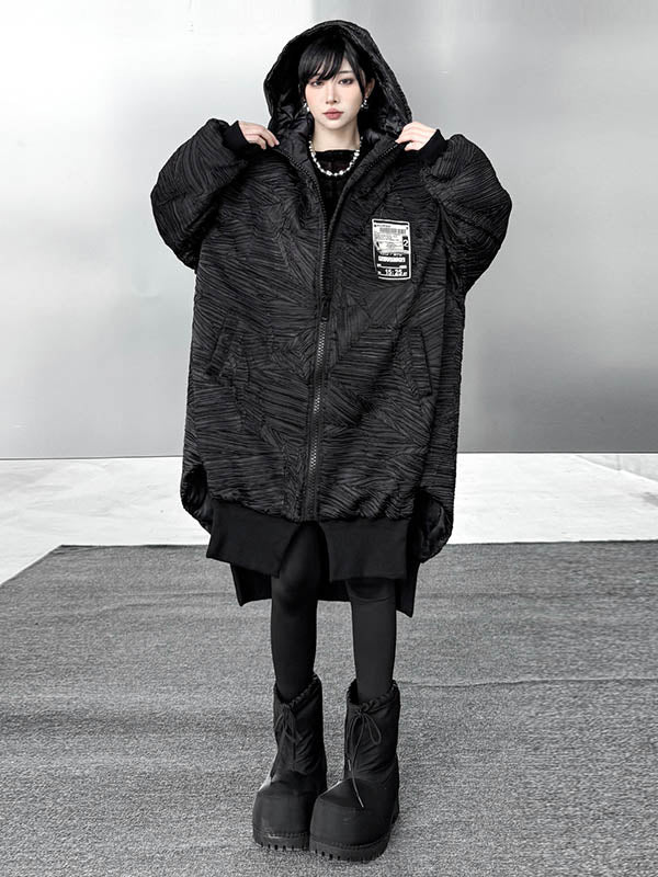 High-Low Irregularity Abstract Printed Contrast Color Split-Joint Zipper Hooded Outerwear Overcoat - Image 2
