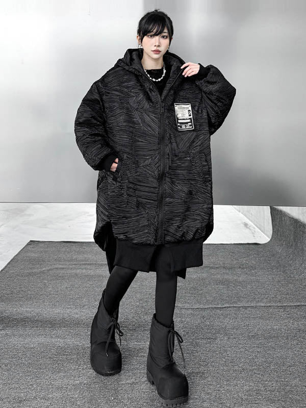 High-Low Irregularity Abstract Printed Contrast Color Split-Joint Zipper Hooded Outerwear Overcoat - Image 3
