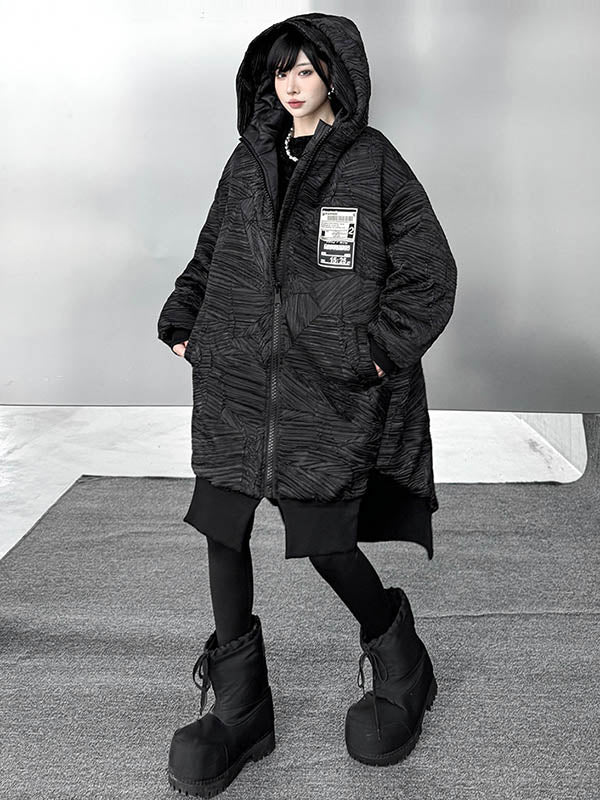 High-Low Irregularity Abstract Printed Contrast Color Split-Joint Zipper Hooded Outerwear Overcoat - Image 4