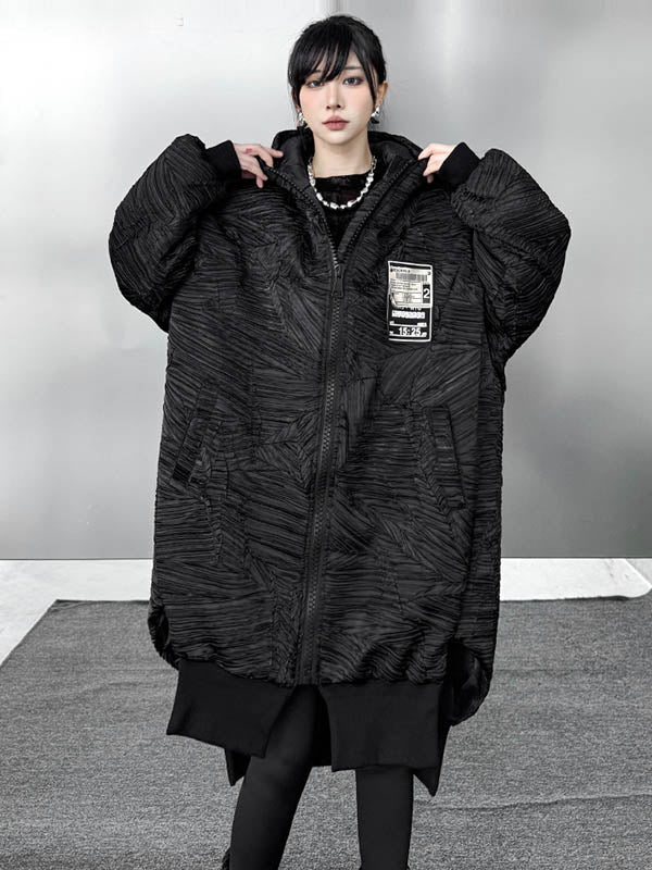 High-Low Irregularity Abstract Printed Contrast Color Split-Joint Zipper Hooded Outerwear Overcoat - Image 5