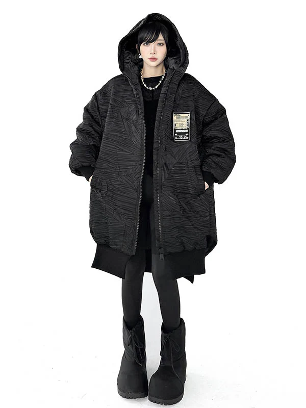 High-Low Irregularity Abstract Printed Contrast Color Split-Joint Zipper Hooded Outerwear Overcoat - Image 7