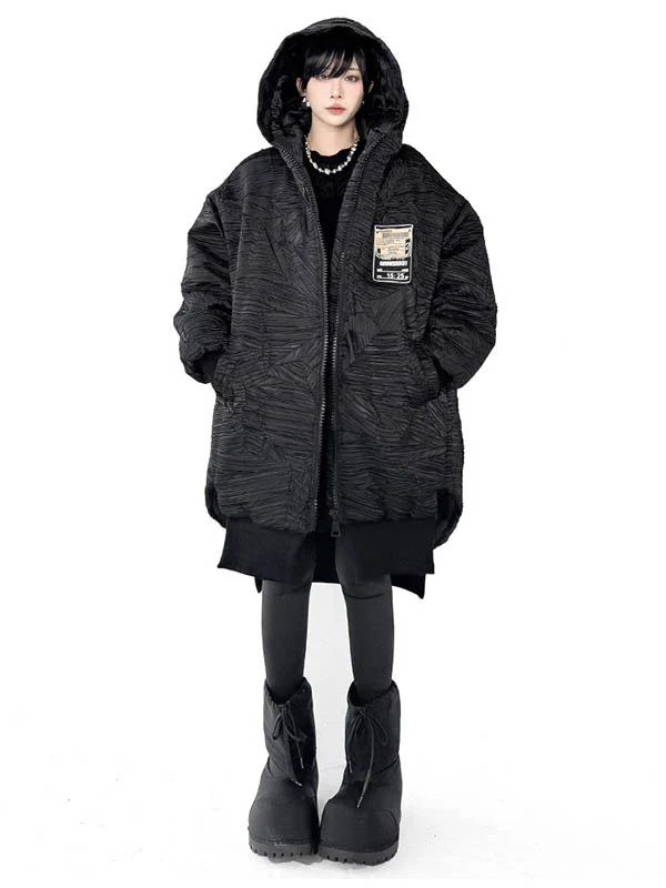 High-Low Irregularity Abstract Printed Contrast Color Split-Joint Zipper Hooded Outerwear Overcoat - Image 8
