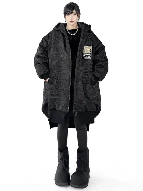 High-Low Irregularity Abstract Printed Contrast Color Split-Joint Zipper Hooded Outerwear Overcoat - Image 9