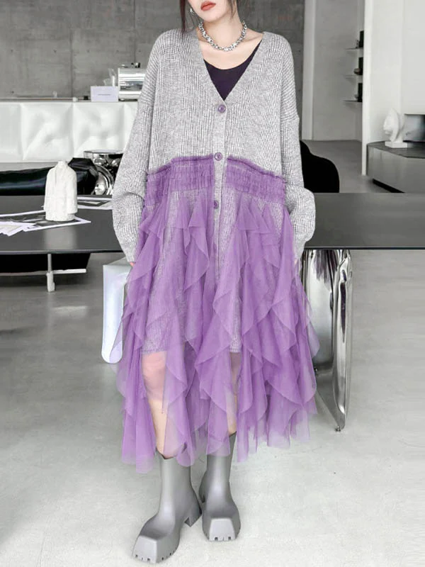 High-Low Irregularity Buttoned Contrast Color Mesh Pleated Ribs Split-Joint Collarless Cardigan Tops Outerwear