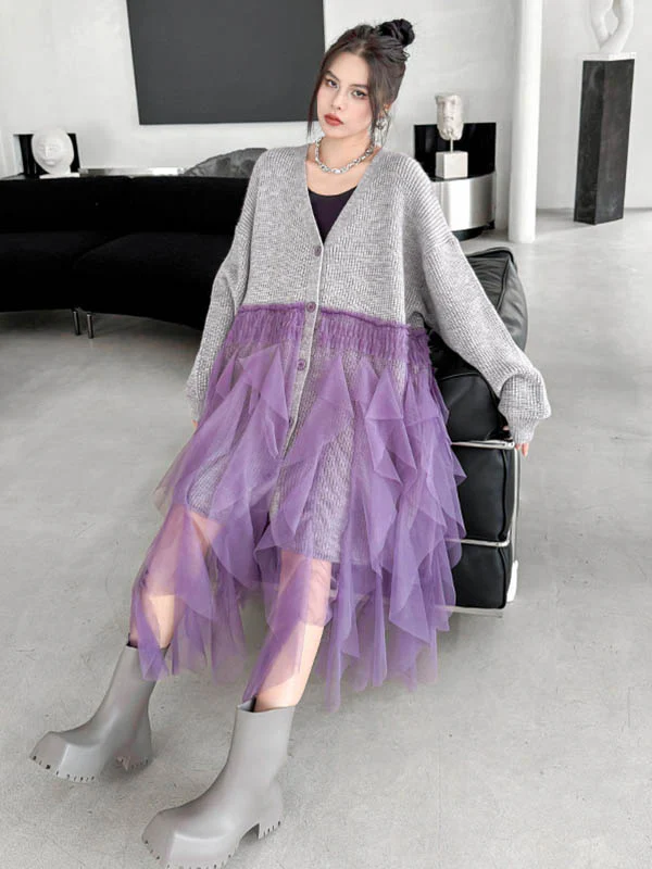 High-Low Irregularity Buttoned Contrast Color Mesh Pleated Ribs Split-Joint Collarless Cardigan Tops Outerwear - Image 10