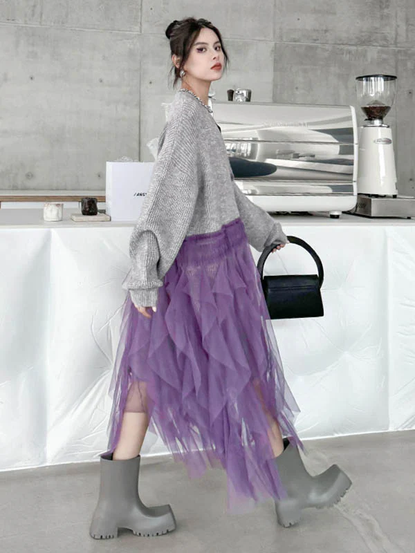 High-Low Irregularity Buttoned Contrast Color Mesh Pleated Ribs Split-Joint Collarless Cardigan Tops Outerwear - Image 11